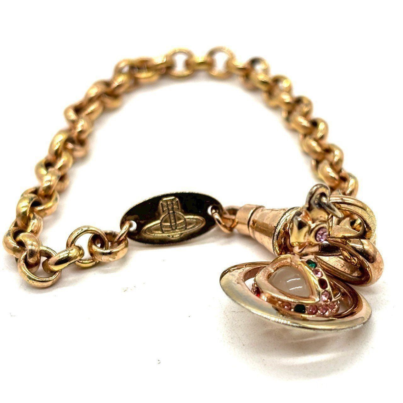 パンクに 品を足す Vivienne Westwood チェーンブレスレット オーブ ラインストーン カラーストーン ピンクゴールド