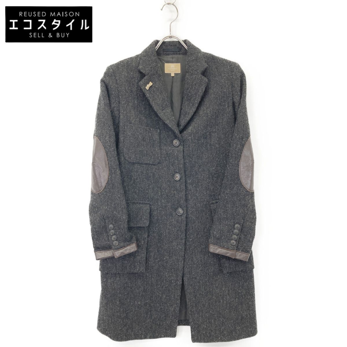 NIGEL CABOURN ナイジェルケーボン ﾌﾞﾗｯｸ ﾍﾘﾝﾎﾞｰﾝｳｰﾙ ﾚｻﾞｰｴﾙﾎﾞｰﾊﾟｯﾁｺｰﾄ 6