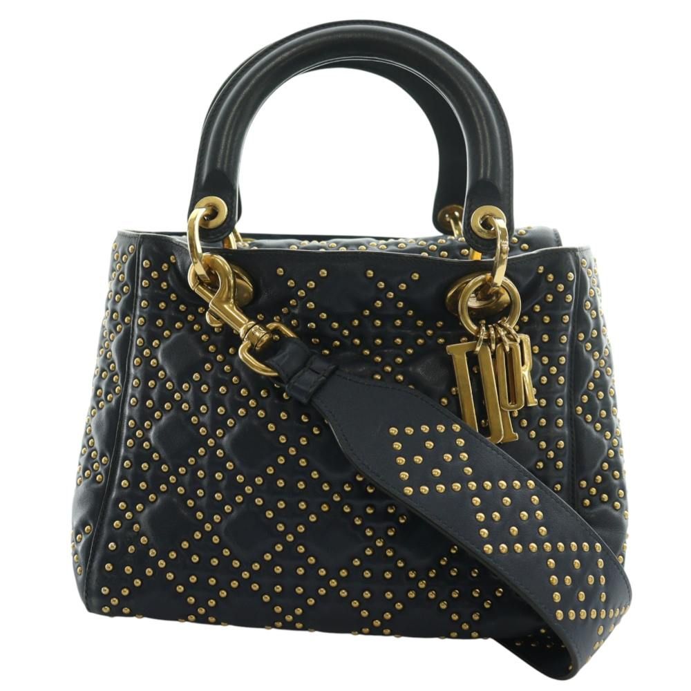 クリスチャンディオール Christian Dior レディディオール M スタッズ 2 WAYバッグ ハンド ショルダー 紺 ネイビー |AQ OS OH