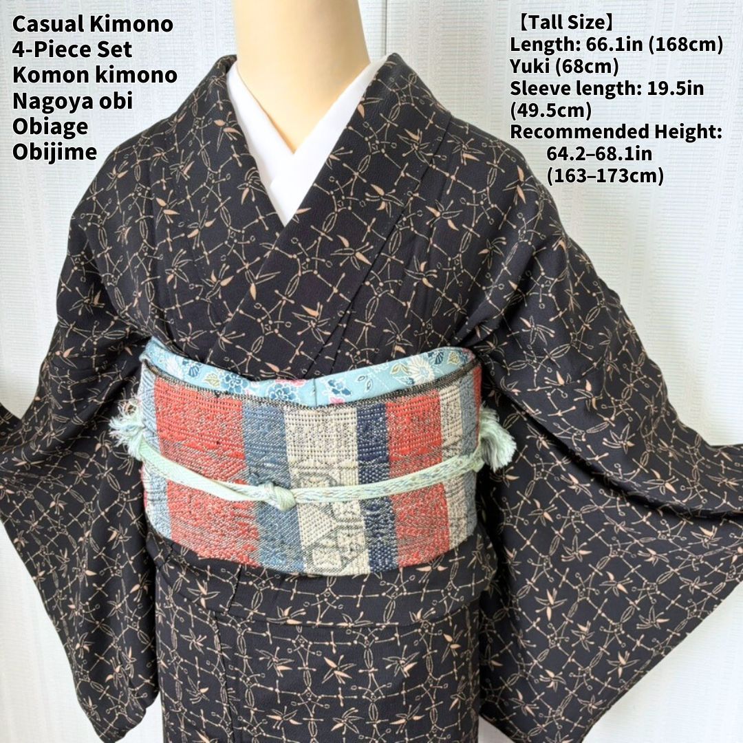 トールサイズ】小紋4点セット 裄68cm 身丈168cm 名古屋帯 帯揚げ