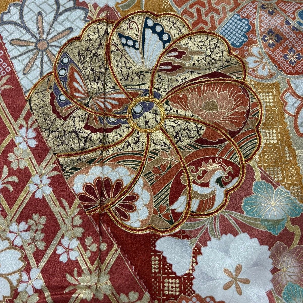  振袖 身丈174.5 cm 裄丈70 未仕立て 桜 熨斗 金糸 金彩 山吹茶色 正絹 秀品 振袖 着物