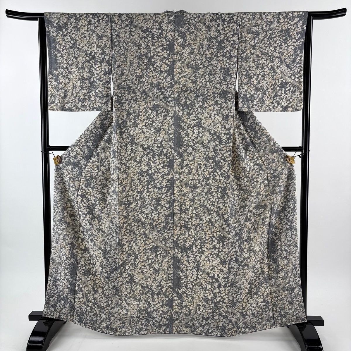 小紋 身丈162 cm 裄丈63.5 S 袷 枝花 灰緑 正絹 秀品