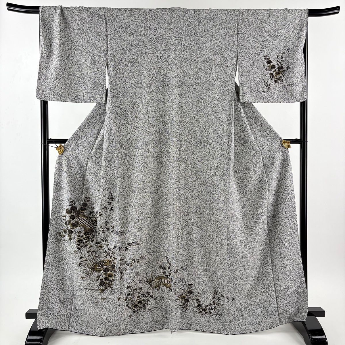 付下げ 身丈164 cm 裄丈68 L 袷 秋草 扇面 金彩 黒灰 正絹 秀品