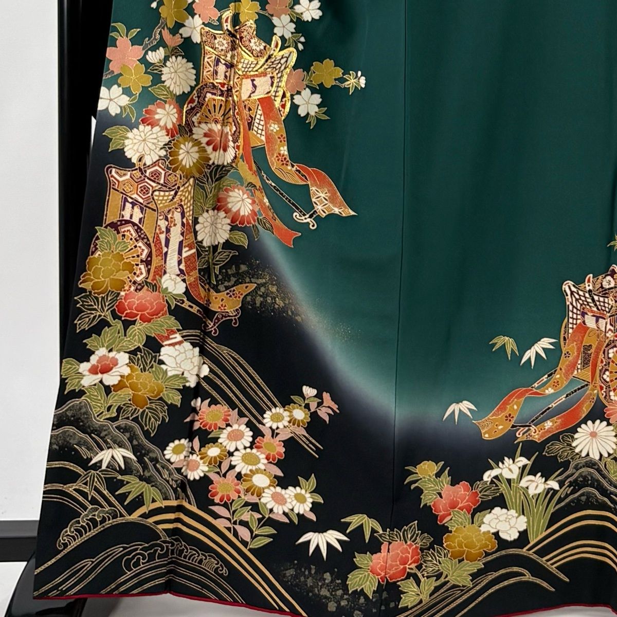 振袖 身丈165cm 裄丈68cm L 袷 御所車 桜 金糸 金彩 深緑 正絹 秀品