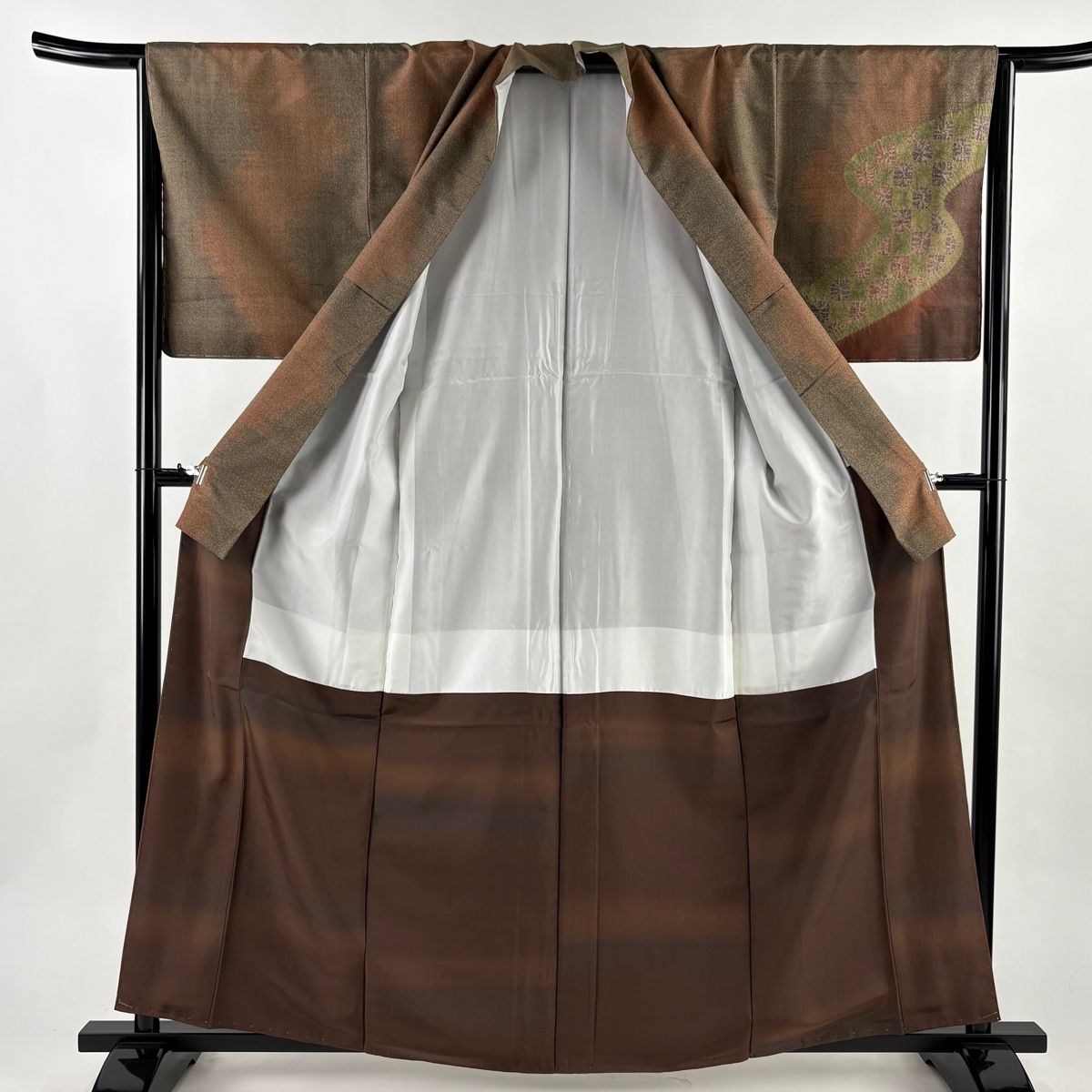  付下げ 身丈160.5 cm 裄丈65 M 袷 伊那紬地 証紙 霞 幾何学 赤茶 正絹 秀品 訪問着 付け下げ 着物