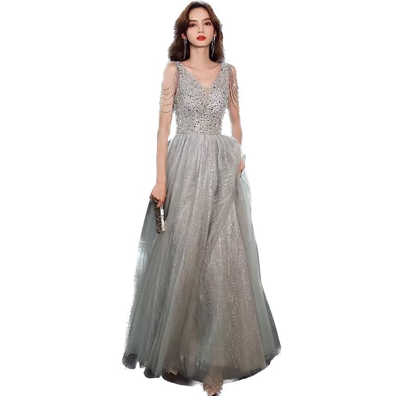 EightSTAR Dress パーティードレス イブニングドレス ピアノ 発表会 ドレス ロング 大人 二次会 花嫁 主役 演奏会 ノースリーブ Aライン スレンダーライン JP アルファベット XS グレー