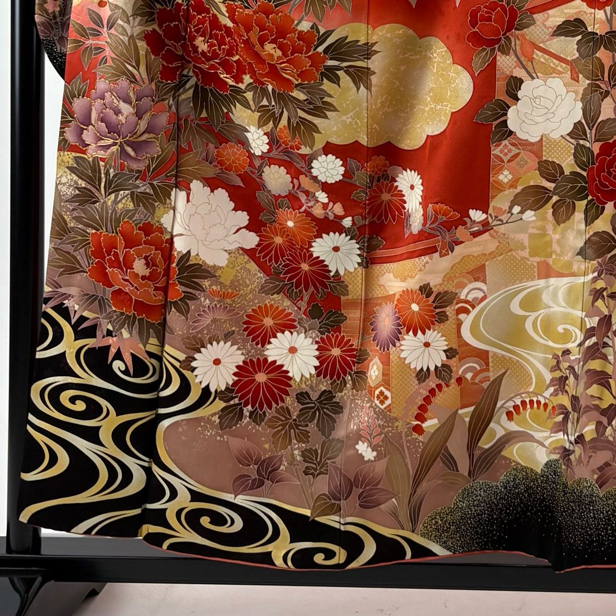 振袖 身丈156.5 cm 裄丈64 M 袷 牡丹 雲文 金糸 金銀彩 赤 正絹 秀品