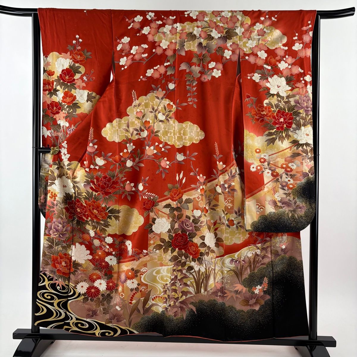 振袖 身丈156.5 cm 裄丈64 M 袷 牡丹 雲文 金糸 金銀彩 赤 正絹 秀品