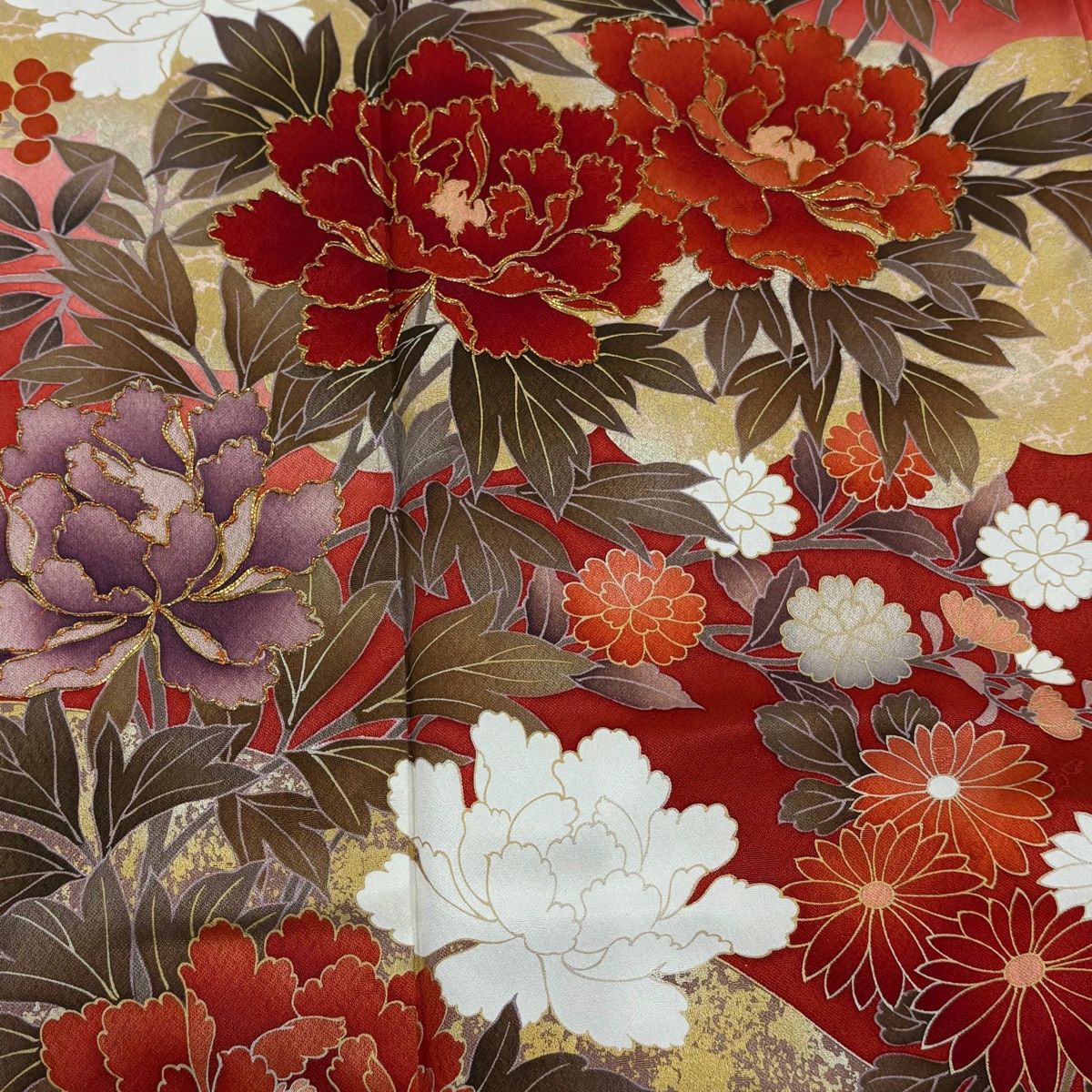  振袖 身丈156.5 cm 裄丈64 M 袷 牡丹 雲文 金糸 金銀彩 赤 正絹 秀品 振袖 着物