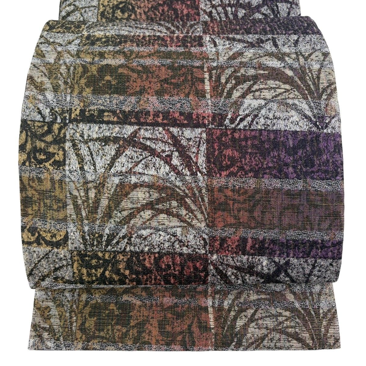 袋帯 秀品 葉柄 縞 金糸 箔 茶紫 全通 正絹