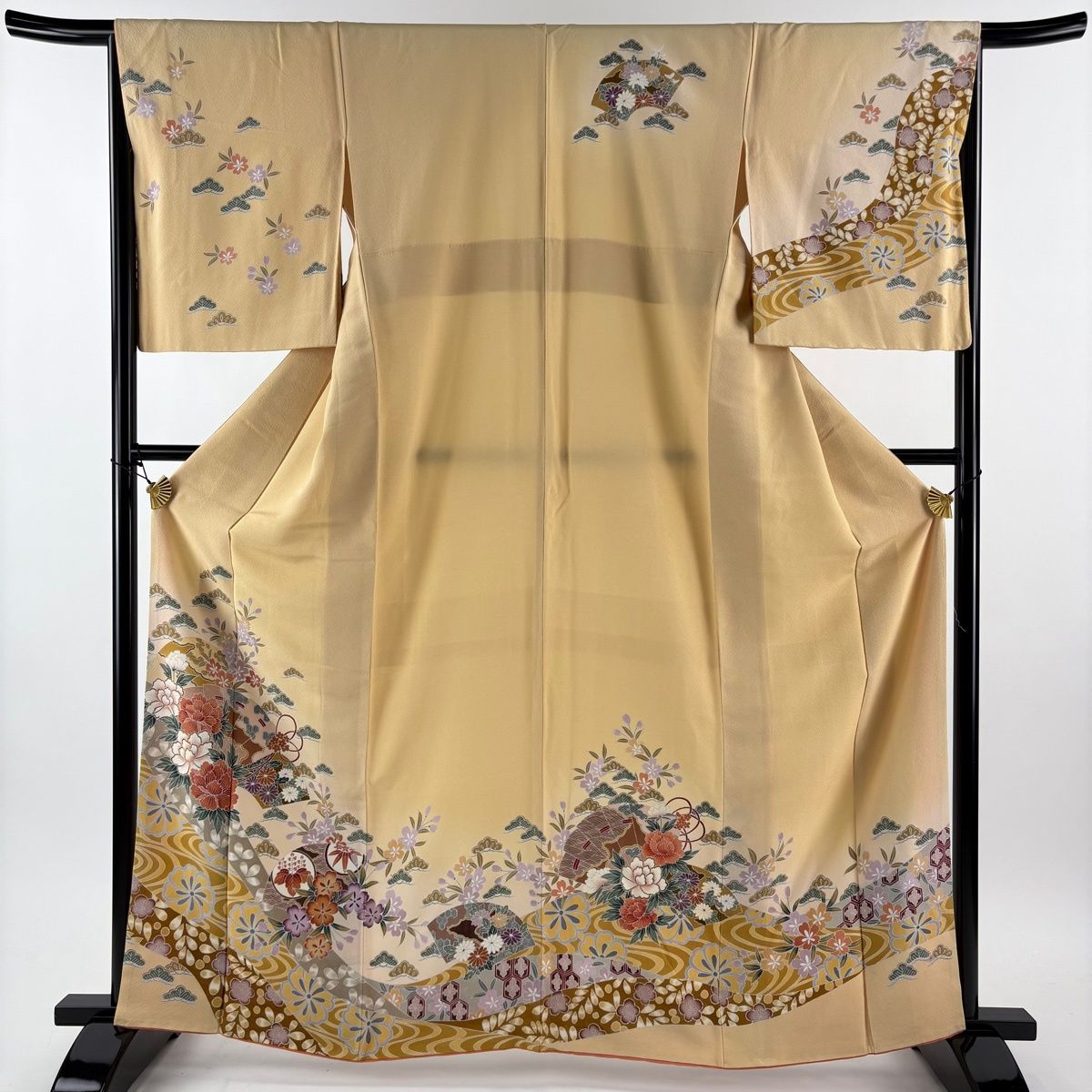 訪問着 身丈163.5 cm 裄丈65.5 M 袷 檜扇 牡丹 ぼかし 薄オレンジ 正絹 秀品