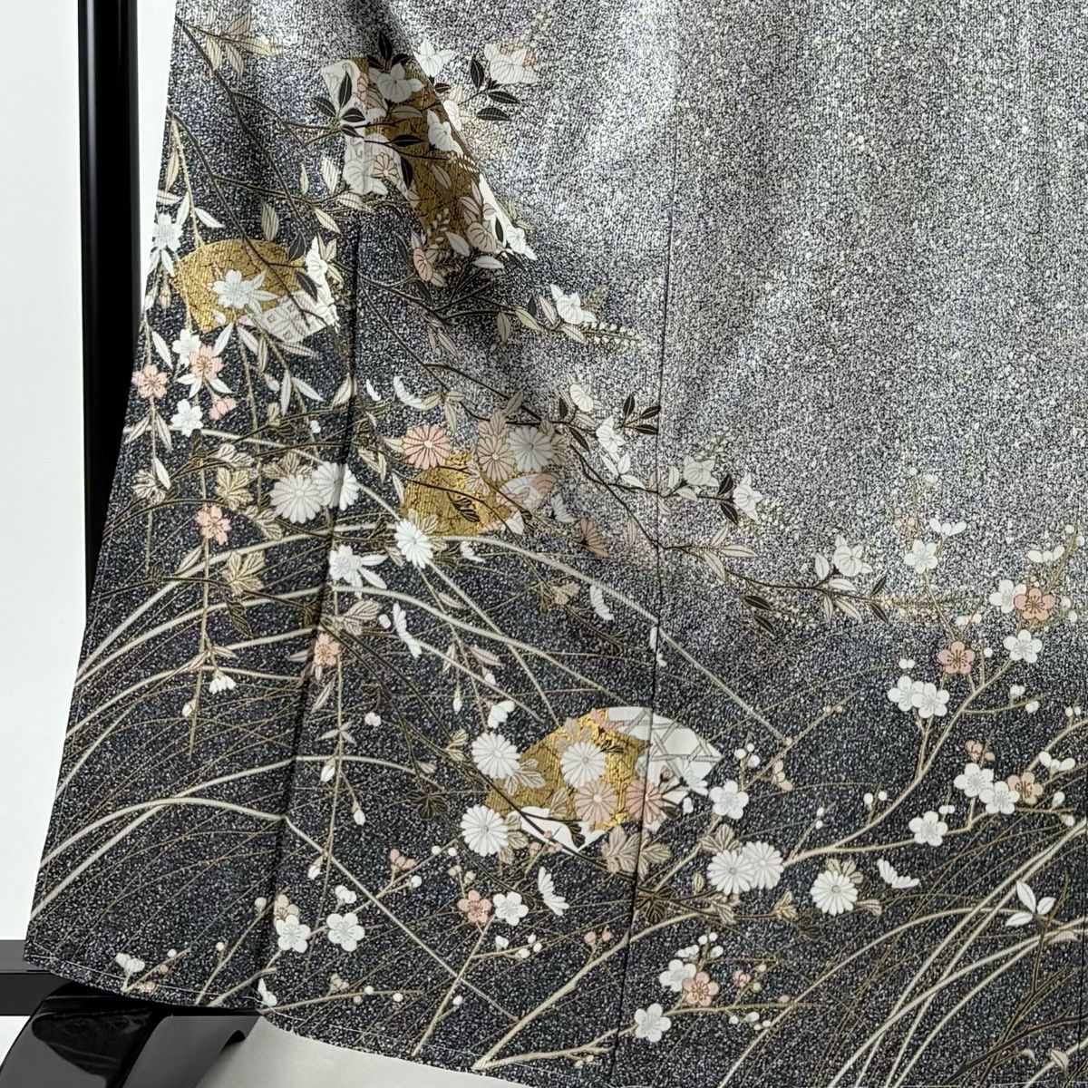 美品】 訪問着 身丈162.5cm 裄丈66.5cm M 袷 扇面 草花 金彩 ぼかし 黒