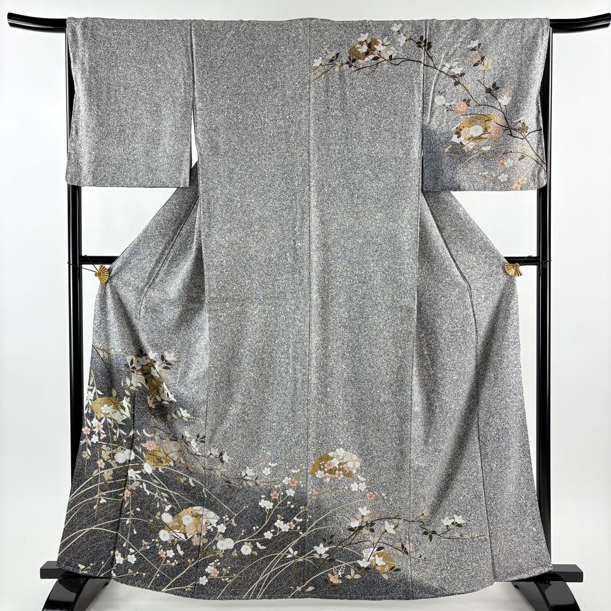 美品】 訪問着 身丈162.5cm 裄丈66.5cm M 袷 扇面 草花 金彩 ぼかし 黒