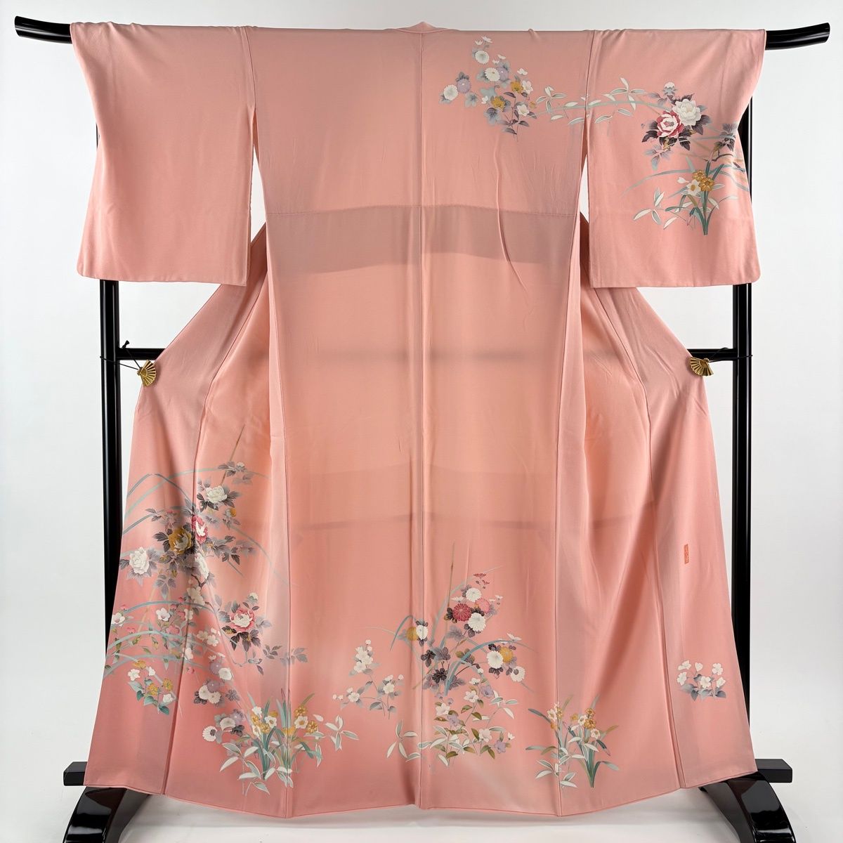 訪問着 身丈162.5cm 裄丈70cm L 袷 落款 草花 枝花 ピンク 正絹 秀品