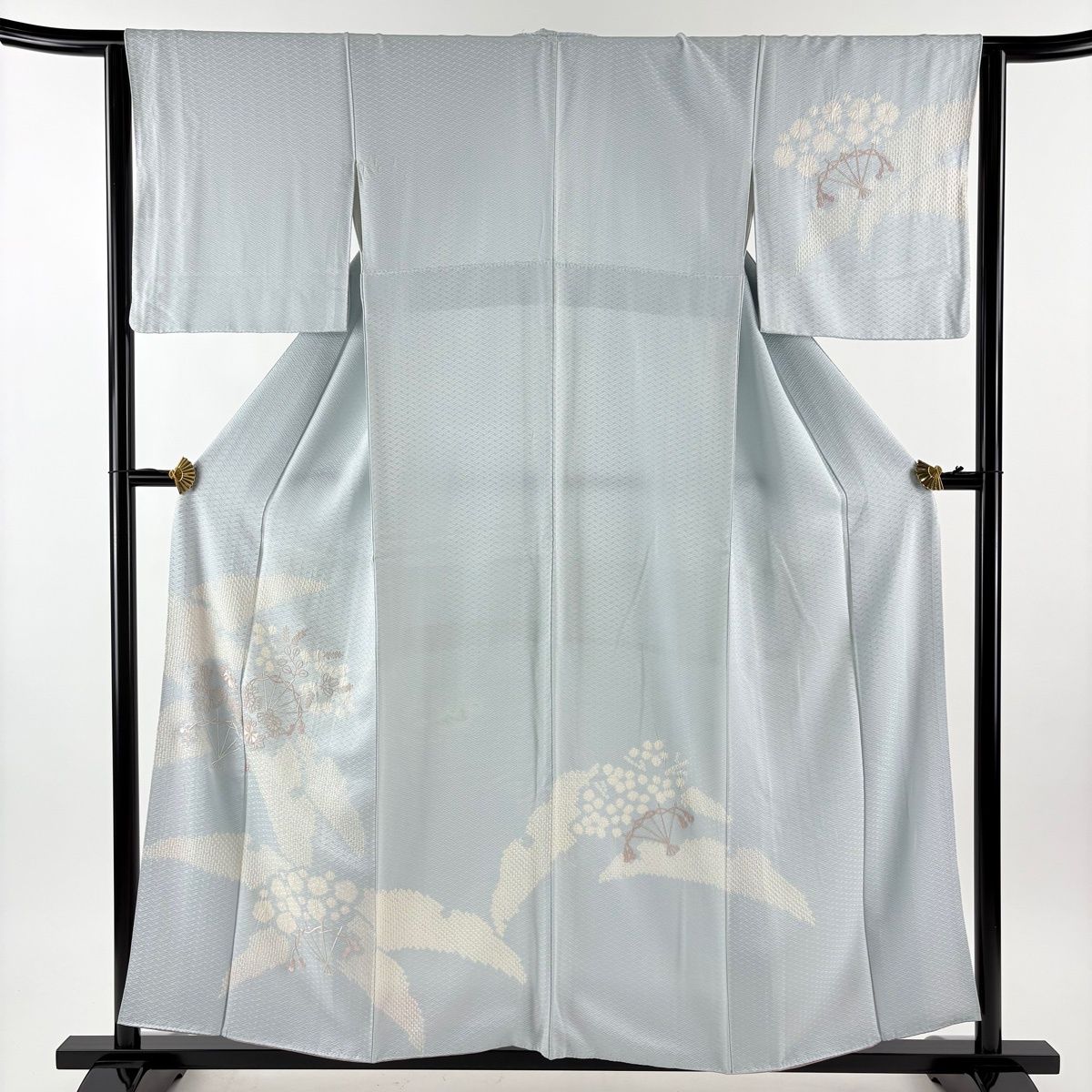 訪問着 身丈156cm 裄丈64cm M 袷 花扇 雪芝 刺繍 絞り 水色 正絹 秀品