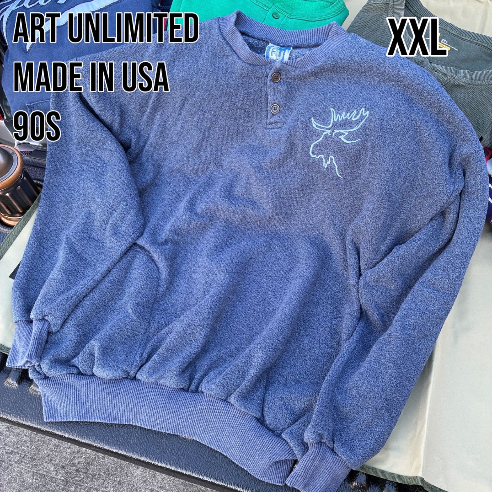 Art Unlimited 90 s ヘンリーネック XXL 鹿 ポケット付 紺