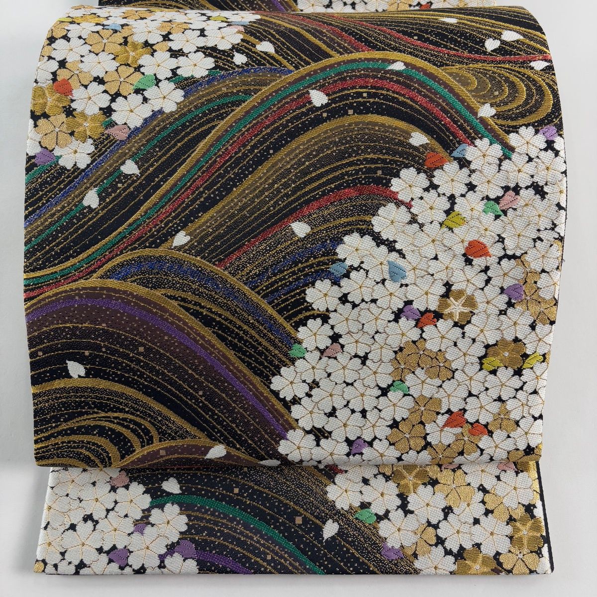 美品】 袋帯 秀品 振袖向き 鈴乃屋 桜花流水紋 箔 金糸 焦茶色 六通