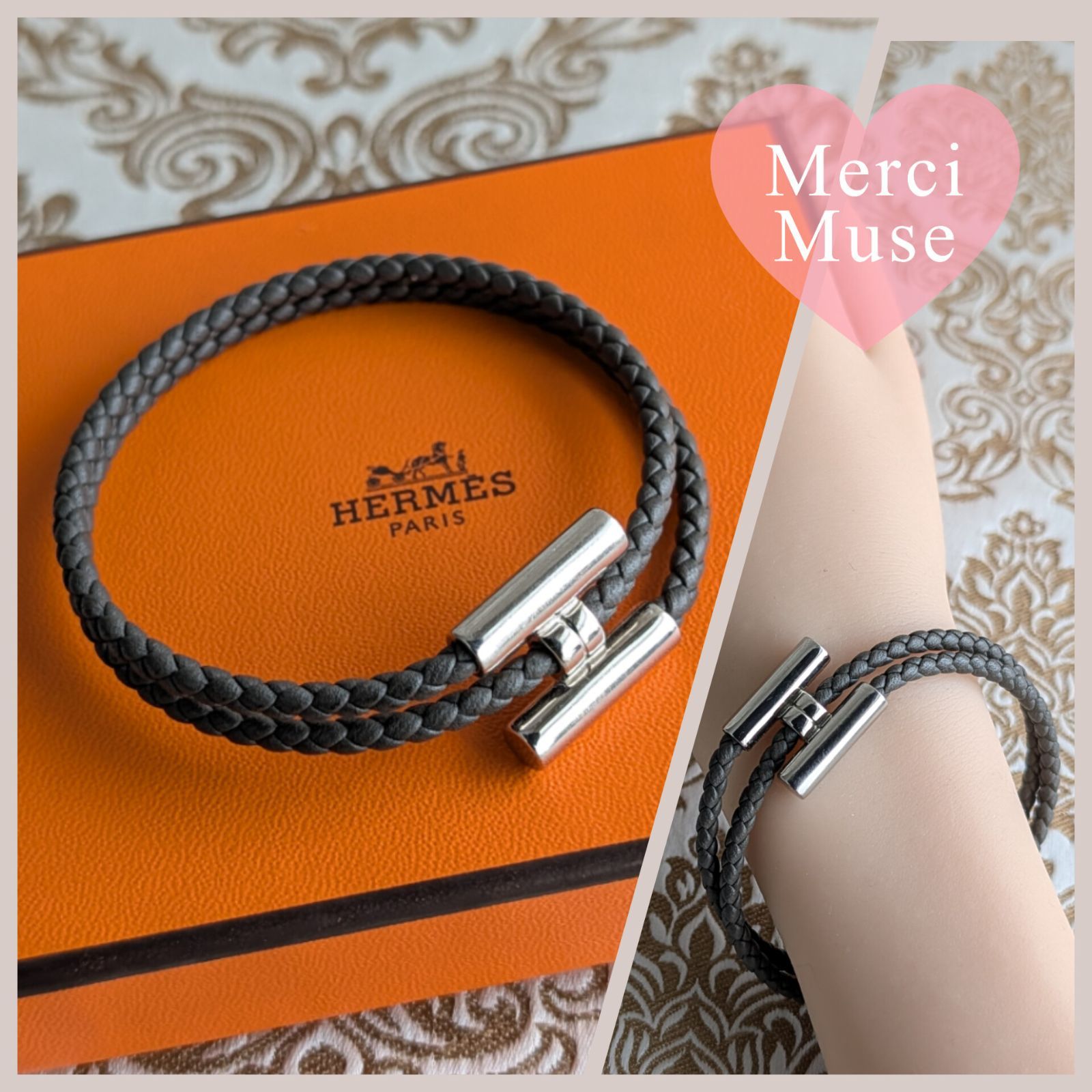 ❤お得なお品❤トゥルニトレッセ レザーブレスレット グレーxシルバー