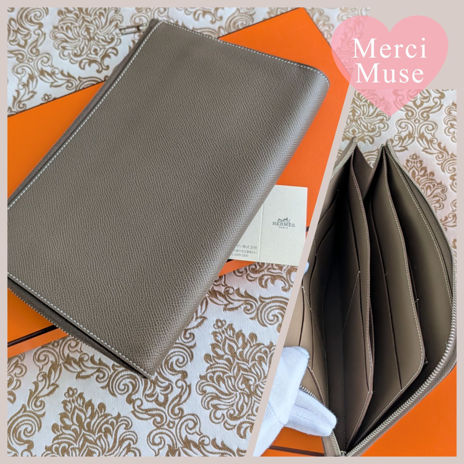 なお品 リミックスコンバイン エトゥープ カードケース 通帳ケース セカンドバッグ エルメス □P刻印 MerciMuse メルシーミューズ
