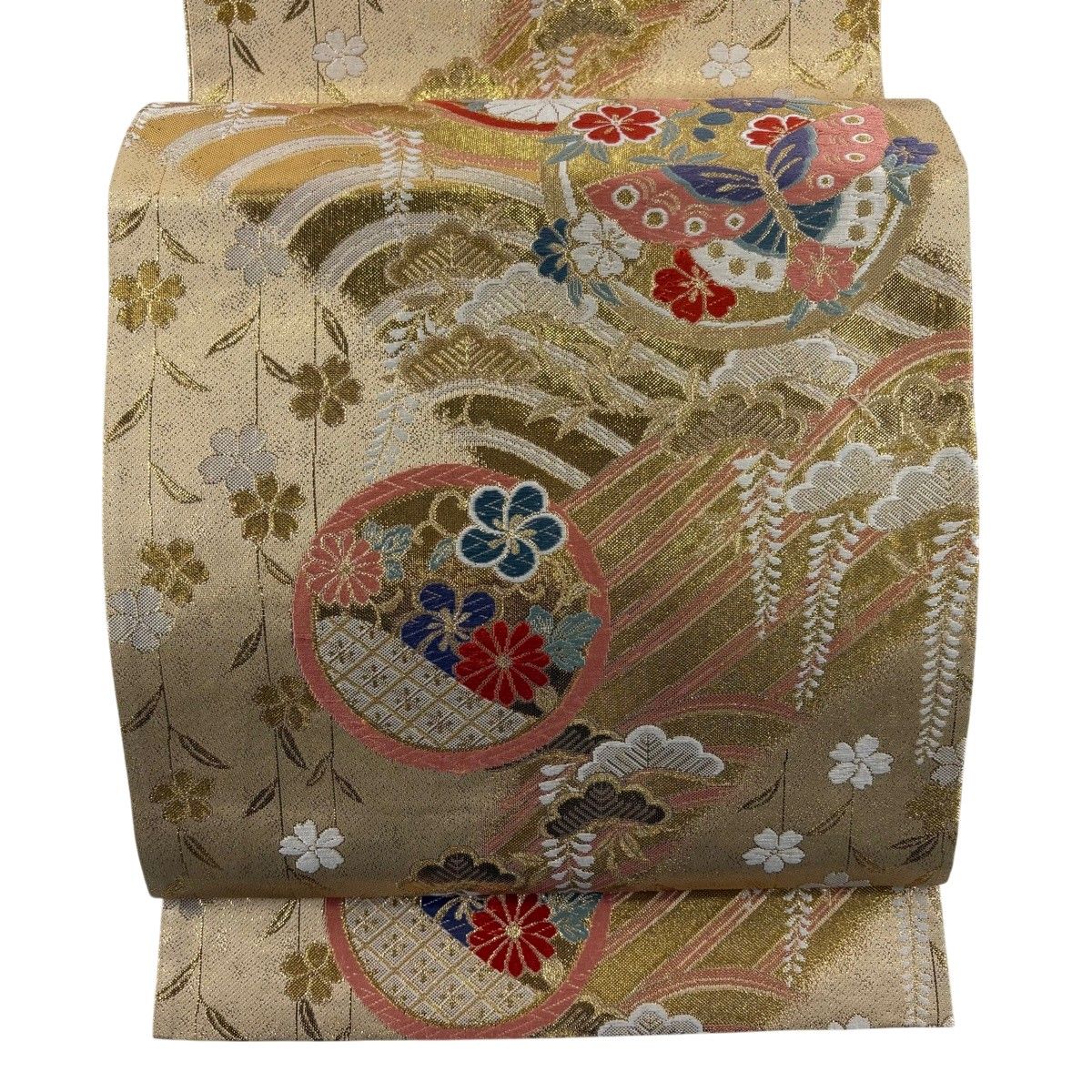 ご依頼者様■正絹純金箔・純金糸・本袋帯■お値打ち 美品】 袋帯 秀品 九百佐賀錦 純金箔二重織 丸文 蝶 唐織 金糸 金色 六