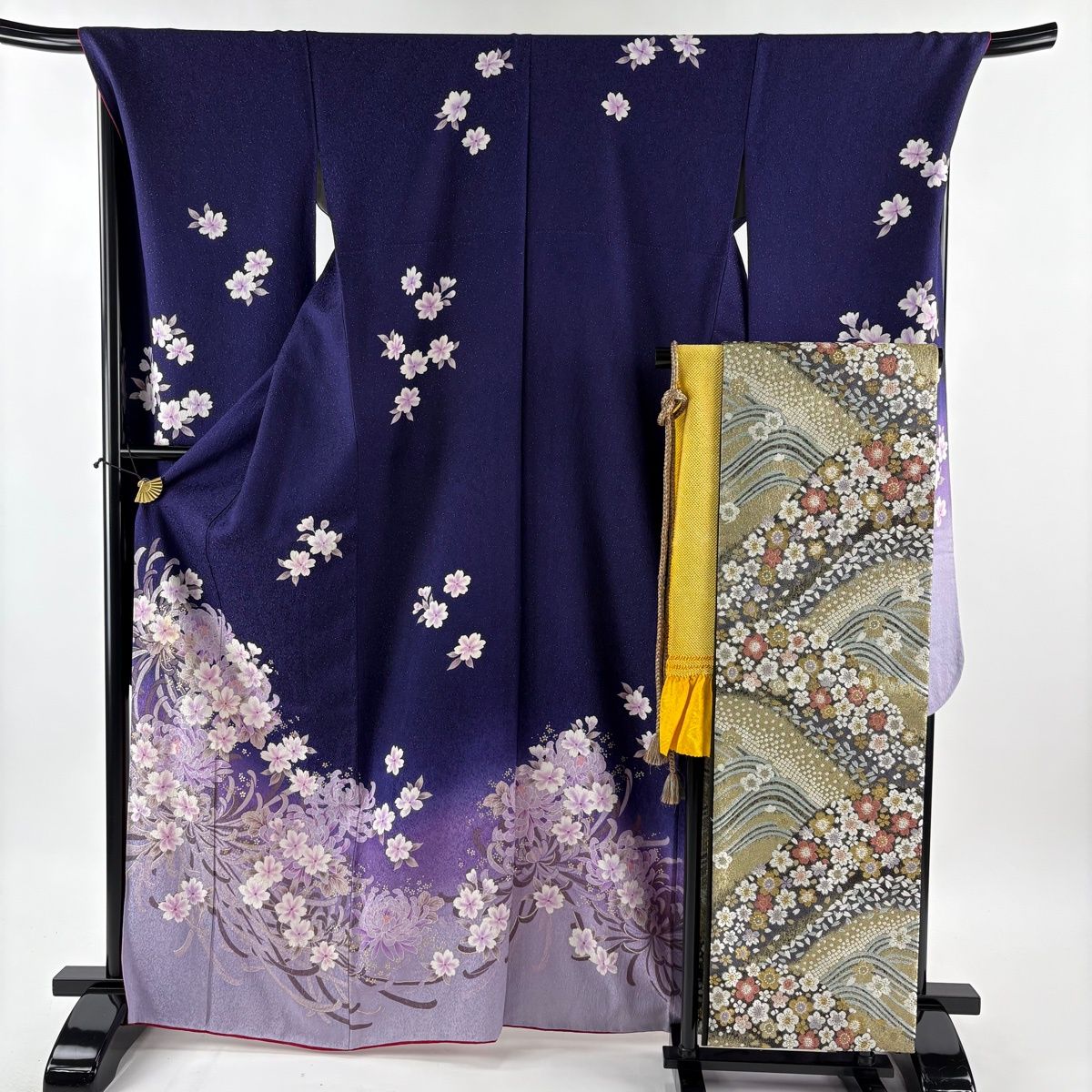 振袖 身丈167.5cm 裄丈71cm L 袷 袋帯フルセット 菊 桜 金彩 銀通し 紫