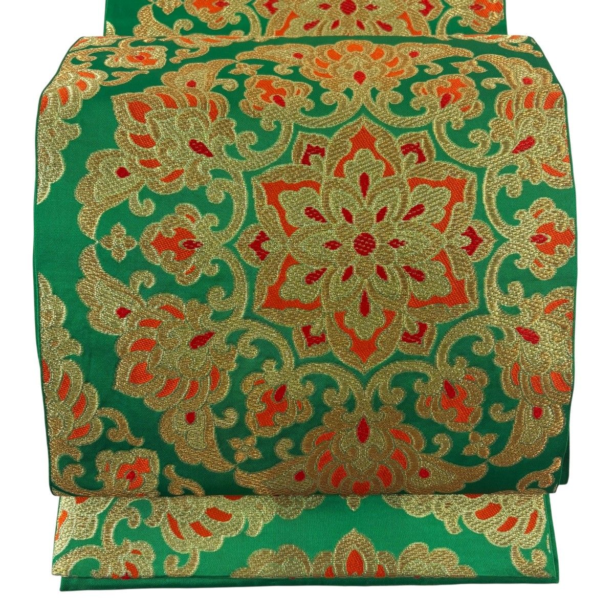 美品】 袋帯 秀品 川島織物 落款 華文 金糸 緑 六通 正絹 【中古