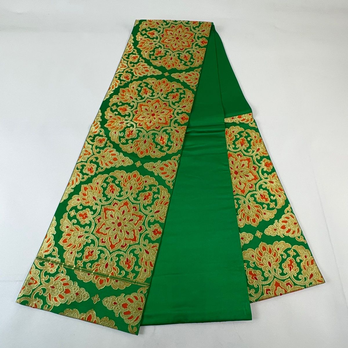 美品】 袋帯 秀品 川島織物 落款 華文 金糸 緑 六通 正絹 【中古