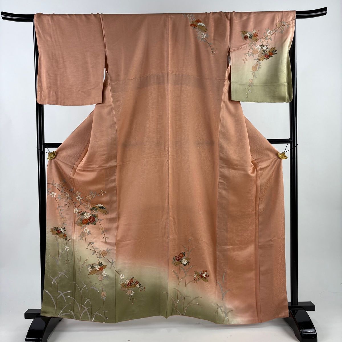 ★専用★未使用品 小紋 グリーンベージュ 桜花 身丈163cm裄丈70cm正絹 訪問着 身丈163cm 裄丈67.5cm L 袷 桜 花筏 金彩 ピンクベージュ 正絹