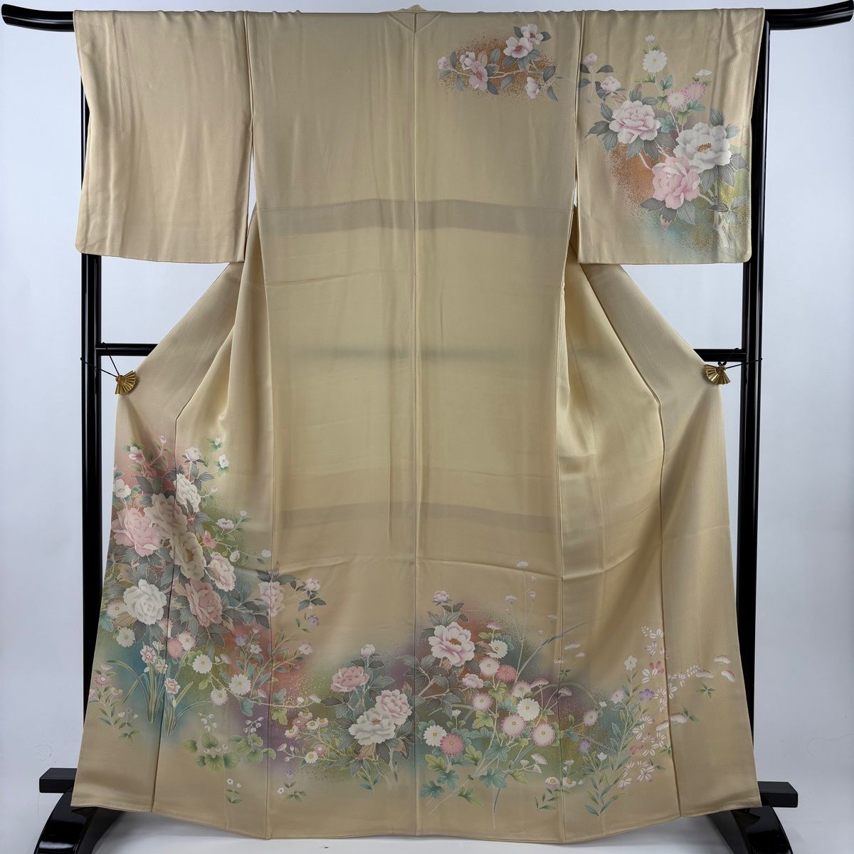 訪問着 身丈167cm 裄丈67cm M 袷 牡丹 草花 金彩 ぼかし ベージュ 正絹