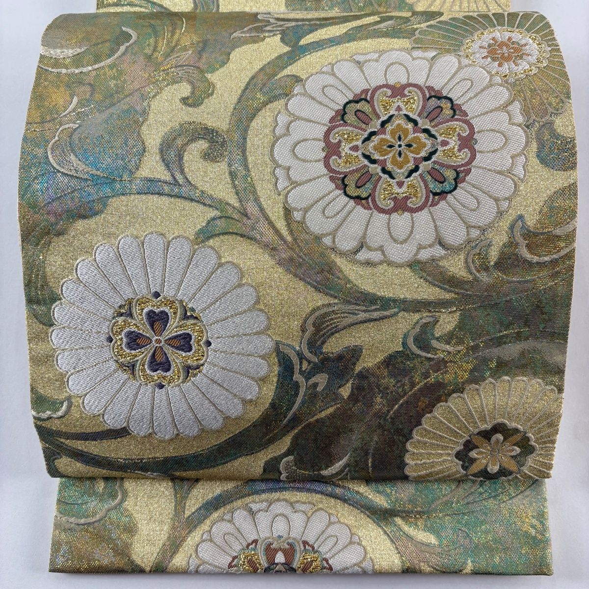 袋帯 箔 六通 華文 正絹 名品 唐織 美品 花唐草 公式通販 草花 金色 秀