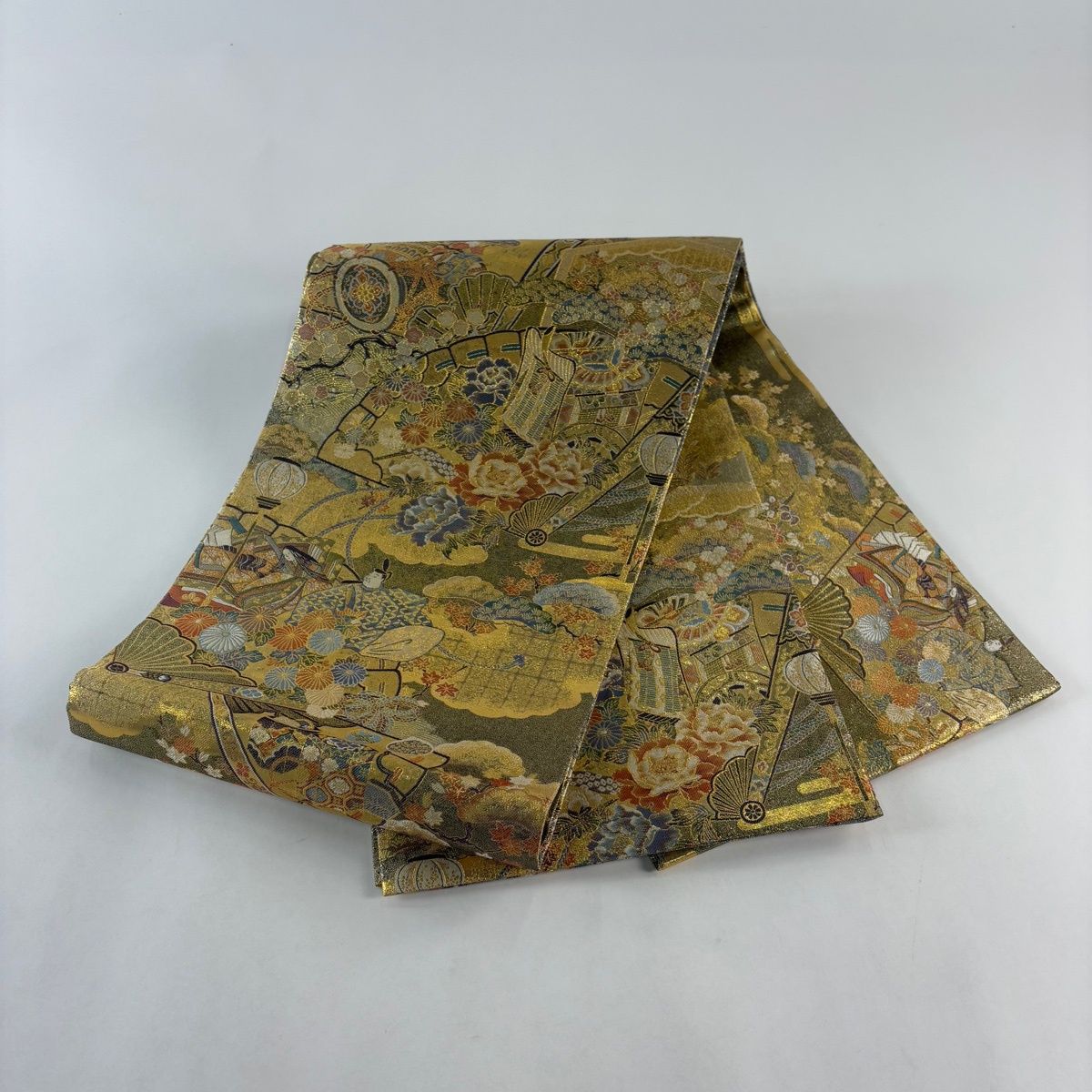 美品】 袋帯 名品 桧扇 神美術 金糸 箔 金色 お太鼓柄 正絹 【中古