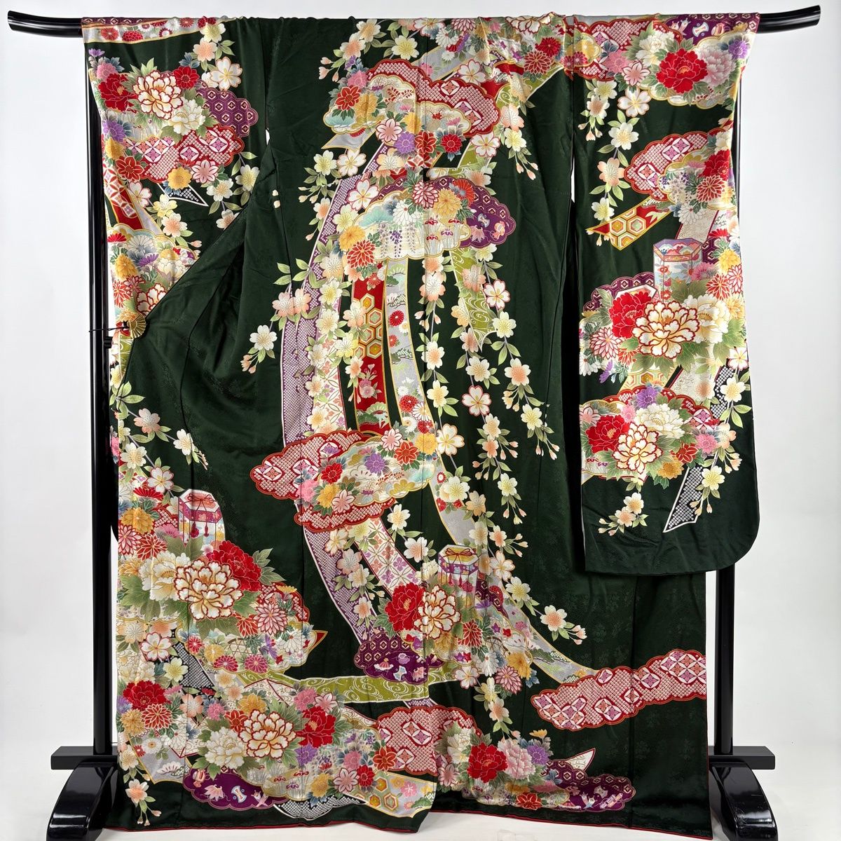 振袖 身丈173cm 裄丈73cm L 袷 貝桶 牡丹 金彩 深緑 正絹 名品 【中古