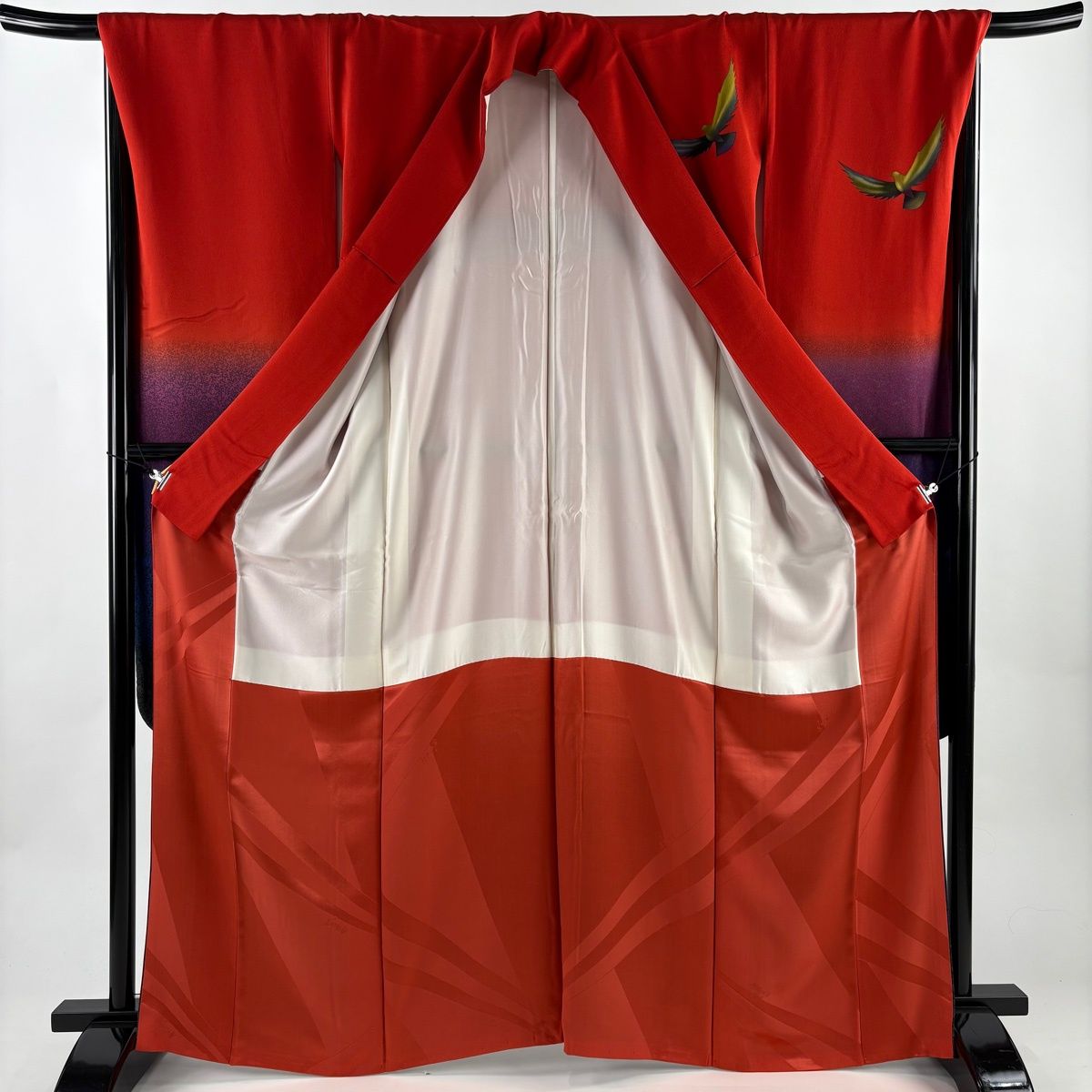 振袖 身丈165cm 裄丈67cm M 袷 斉藤三才 落款 鳥 染め分け ぼかし 赤