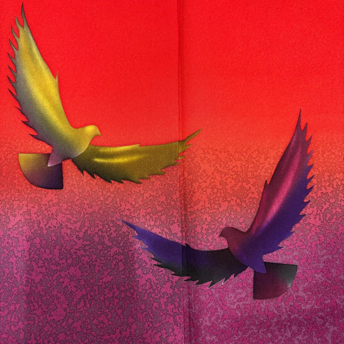 振袖 身丈165cm 裄丈67cm M 袷 斉藤三才 落款 鳥 染め分け ぼかし 赤