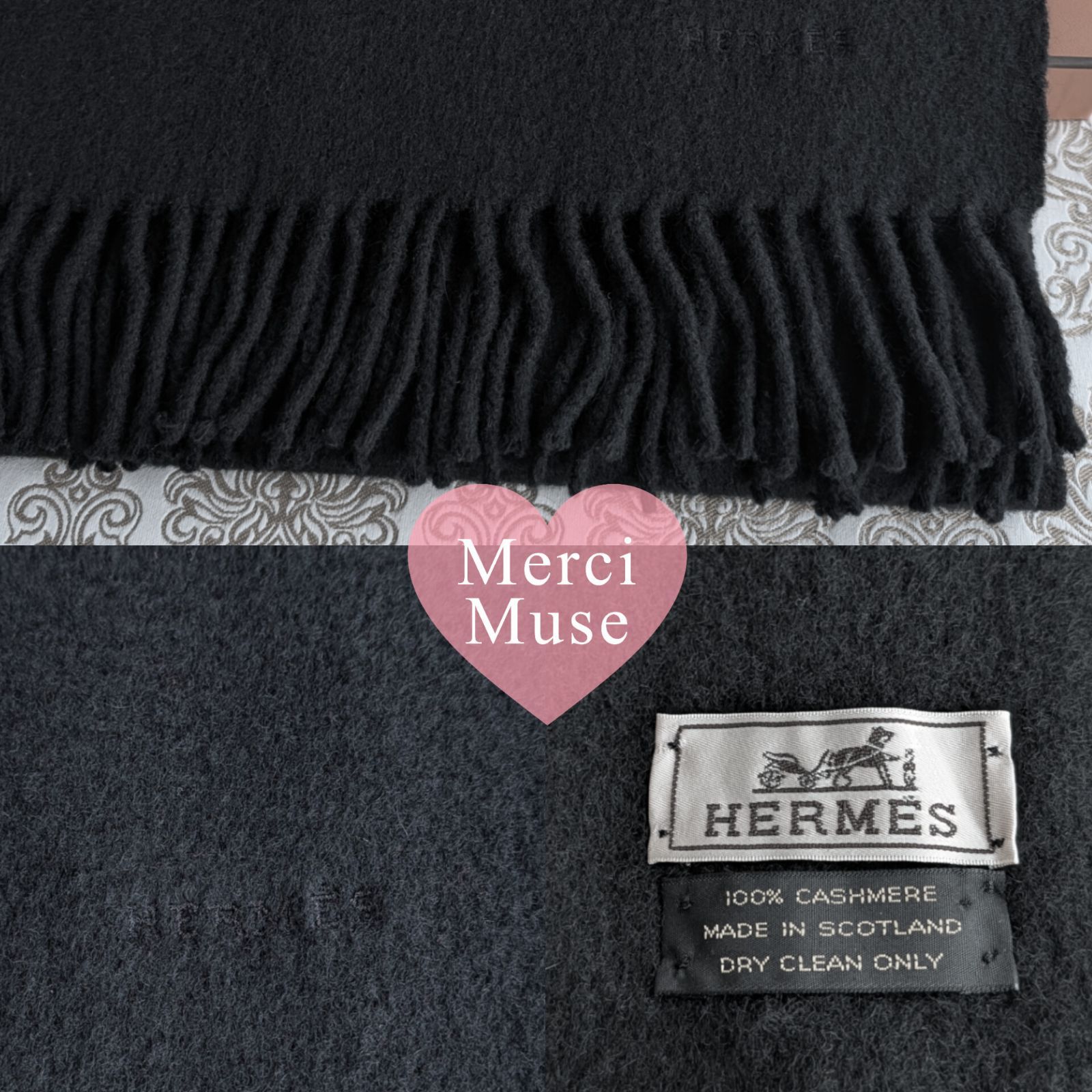  なお品 クリーニング済 ふんわりカシミヤマフラー ブラック エルメス MerciMuse メルシーミューズ マフラー 小物
