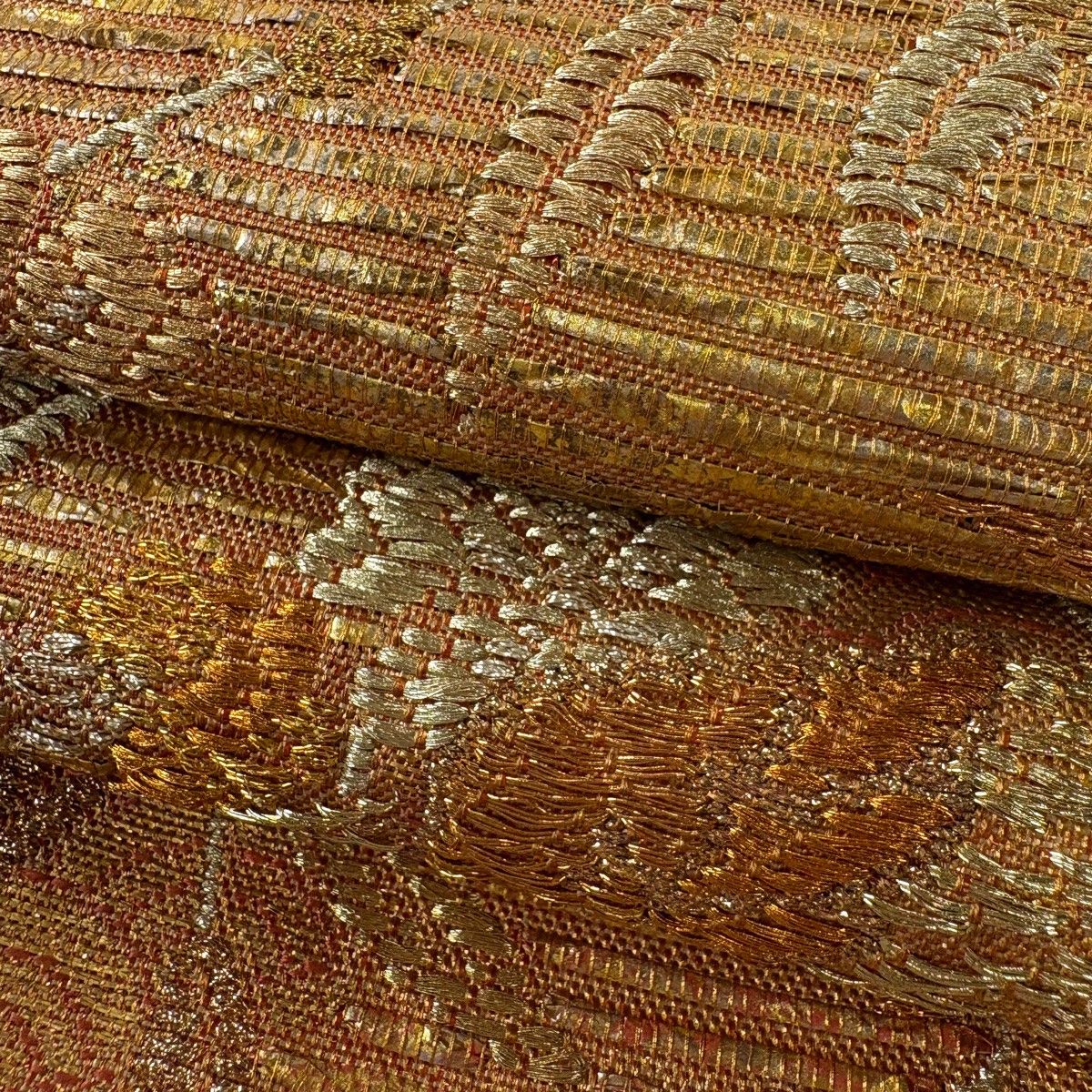 袋帯 逸品 渡文 鳳凰 草花 金糸 箔 金色 お太鼓柄 正絹 【中古