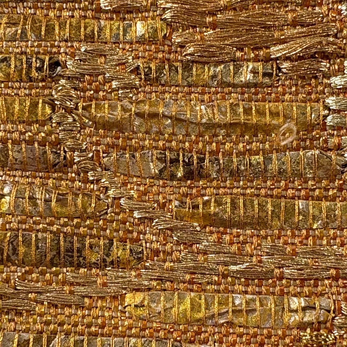 袋帯 逸品 渡文 鳳凰 草花 金糸 箔 金色 お太鼓柄 正絹 【中古