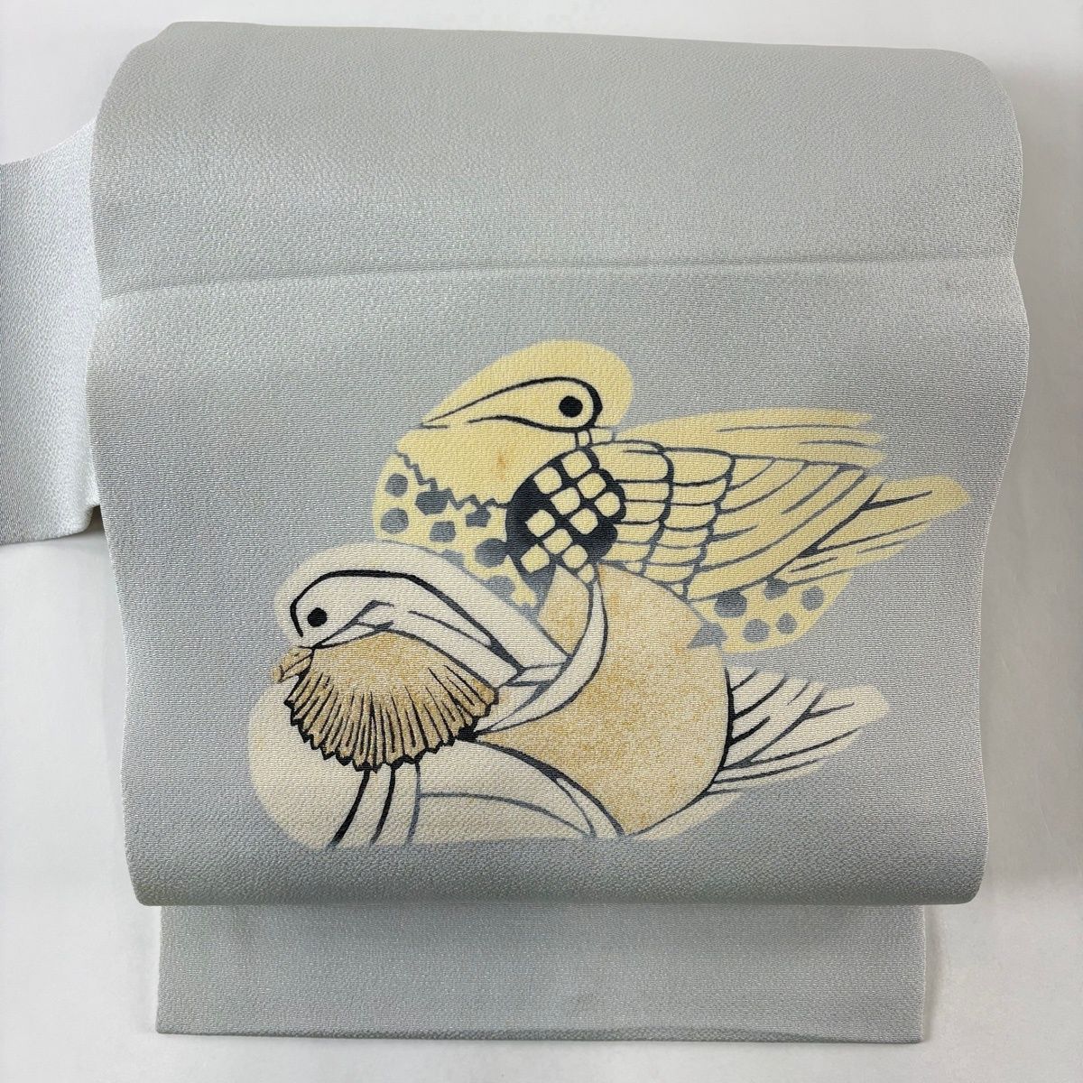 名古屋帯 逸品 羽田登喜 落款 鴛鴦 金糸 金彩 灰色 正絹 【中古