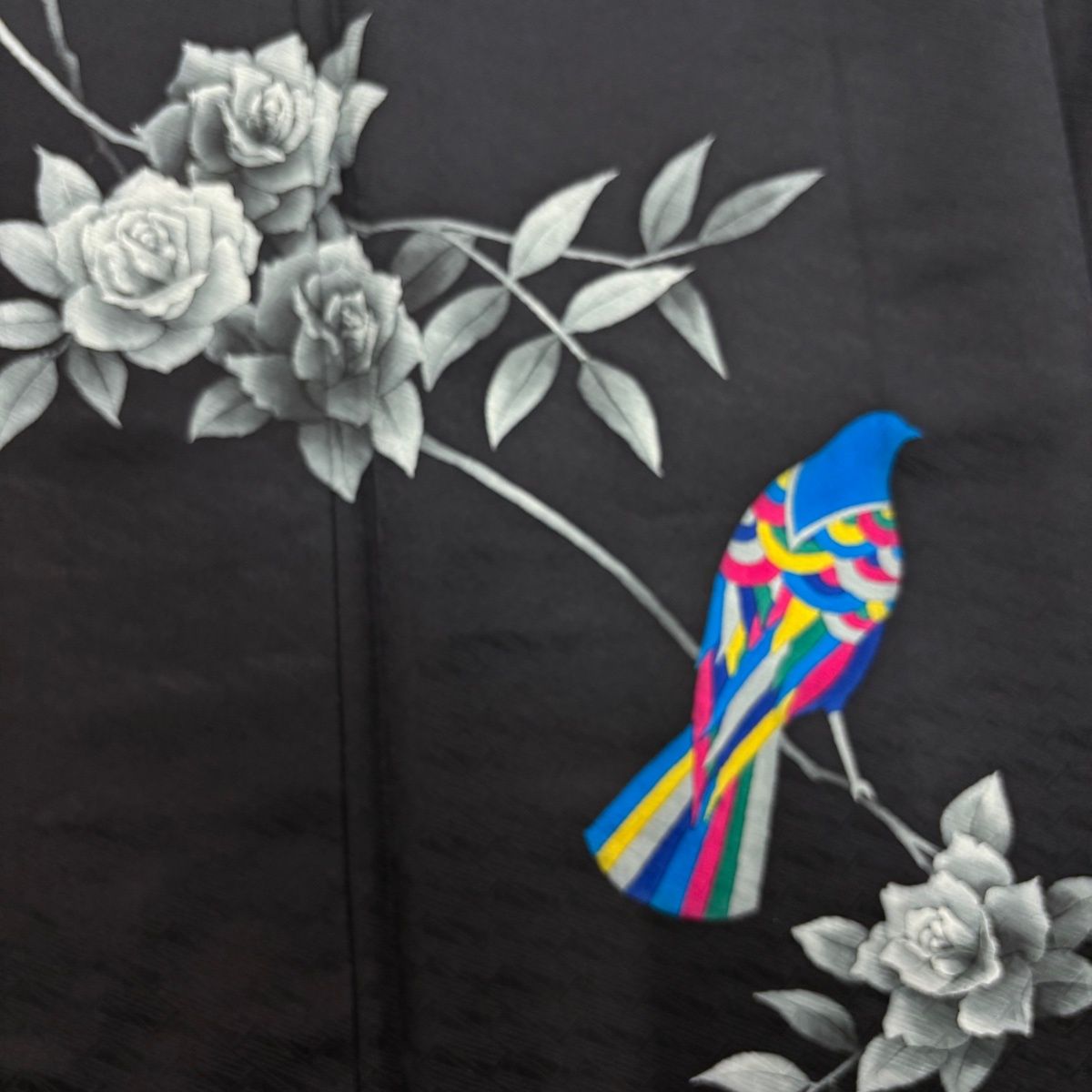 付下げ 身丈155.5cm 裄丈64cm M 袷 斉藤三才 落款 薔薇 鳥 黒 正絹