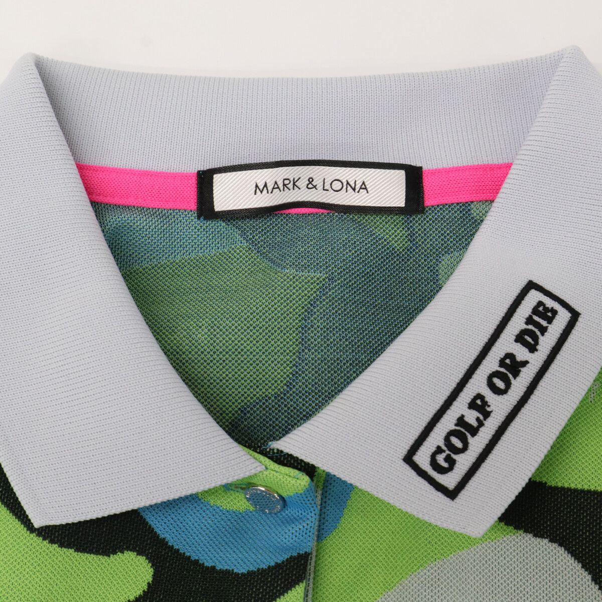 MARK&LONAマークアンドロナ スカル カモフラポロシャツ （ブルー系）48 マークアンドロナ 半袖ポロシャツ ライトブルー スカル地模様 ハーフ