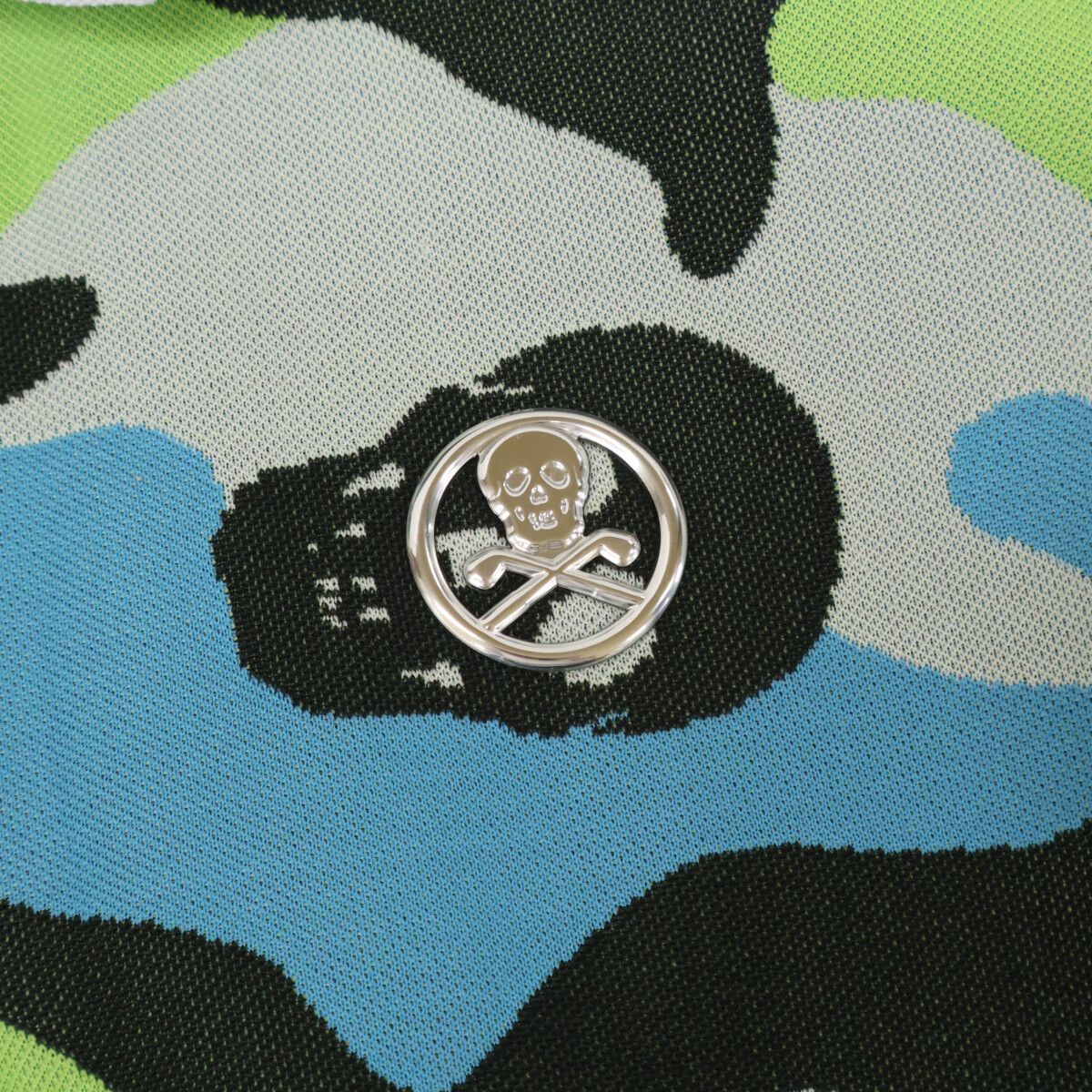 MARK&LONAマークアンドロナ スカル カモフラポロシャツ （ブルー系）48 マークアンドロナ 半袖ポロシャツ ライトブルー スカル地模様 ハーフ