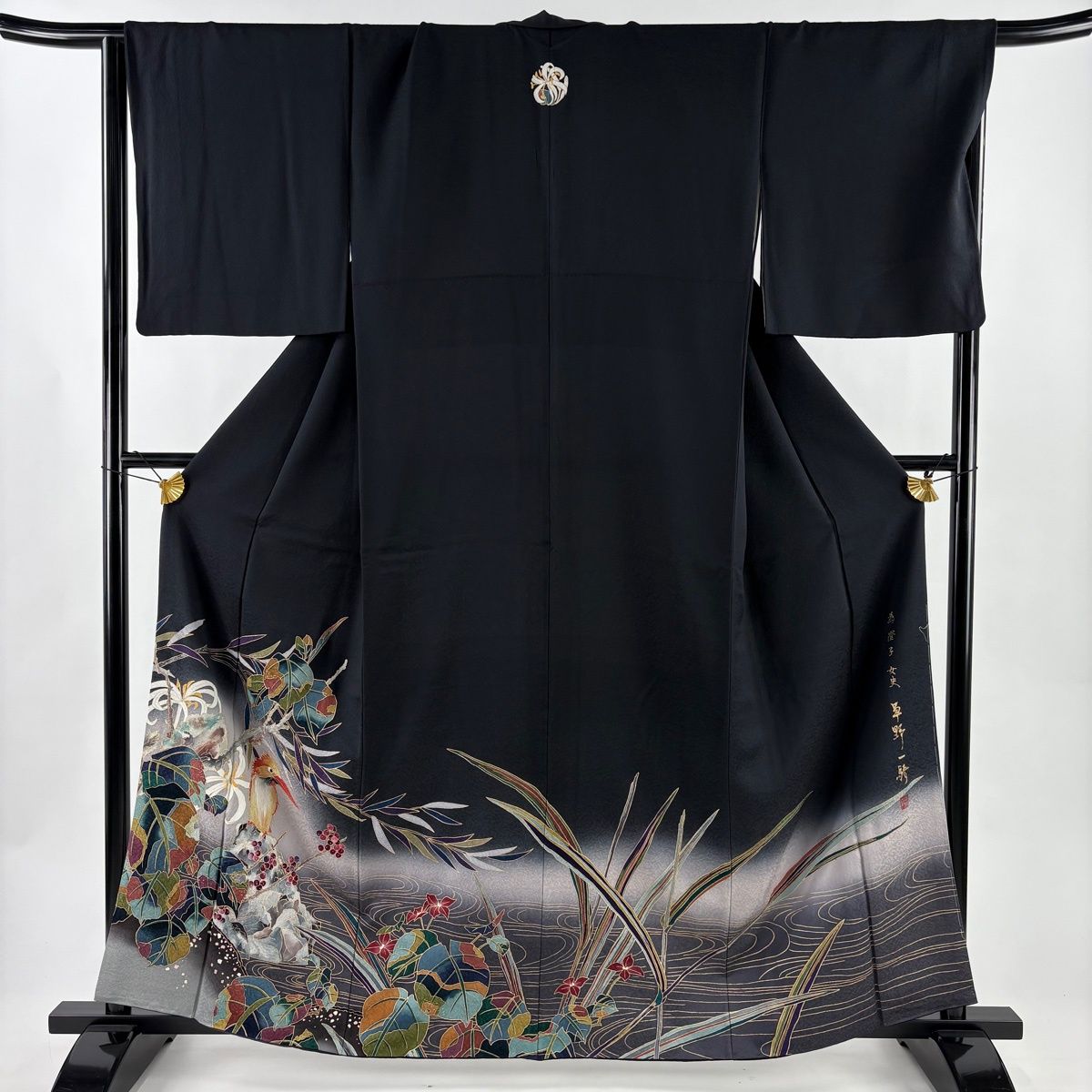 美品】 付下げ 身丈161cm 裄丈67cm M 袷 草野一騎 落款 鳥 葉と実 金彩