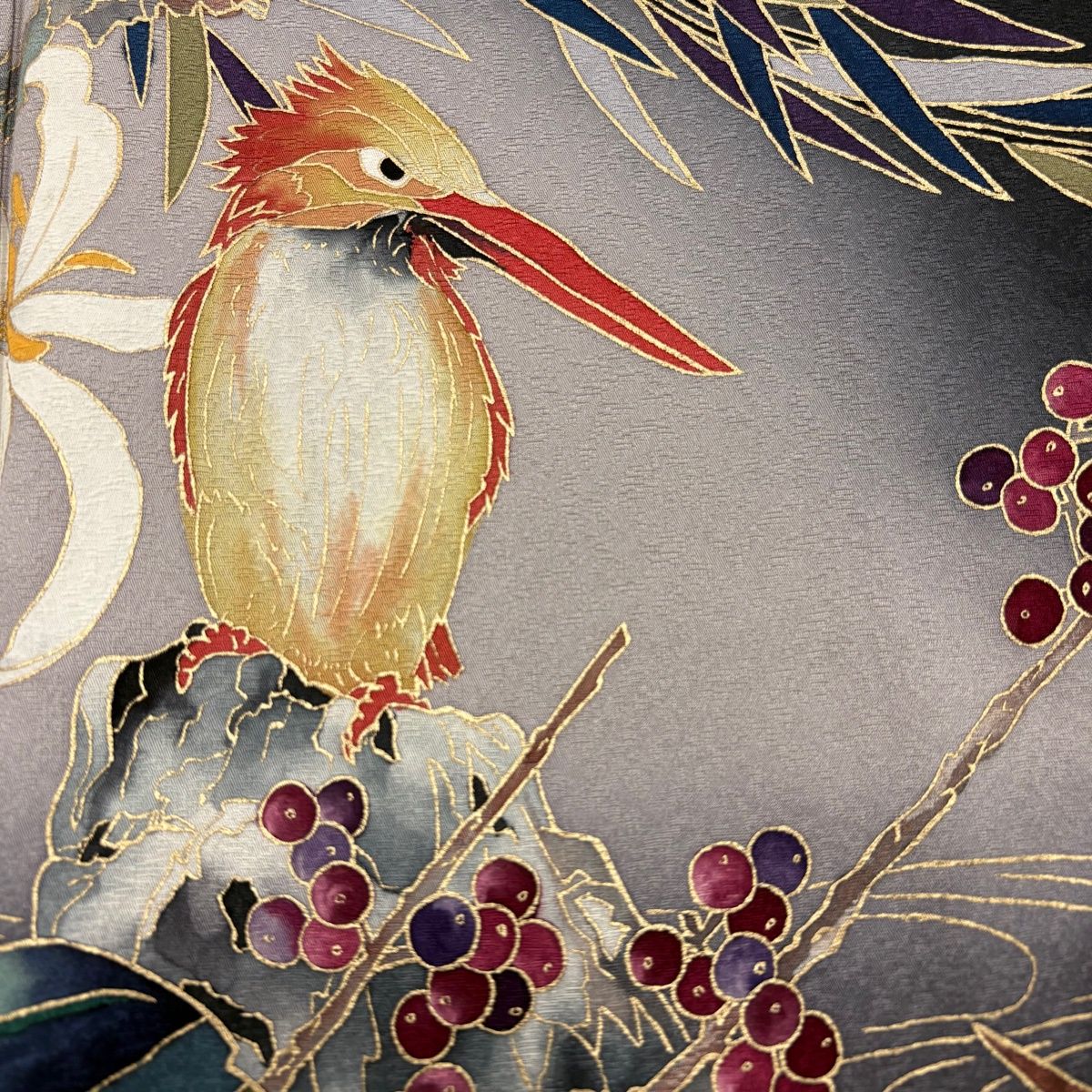 美品】 付下げ 身丈161cm 裄丈67cm M 袷 草野一騎 落款 鳥 葉と実 金彩