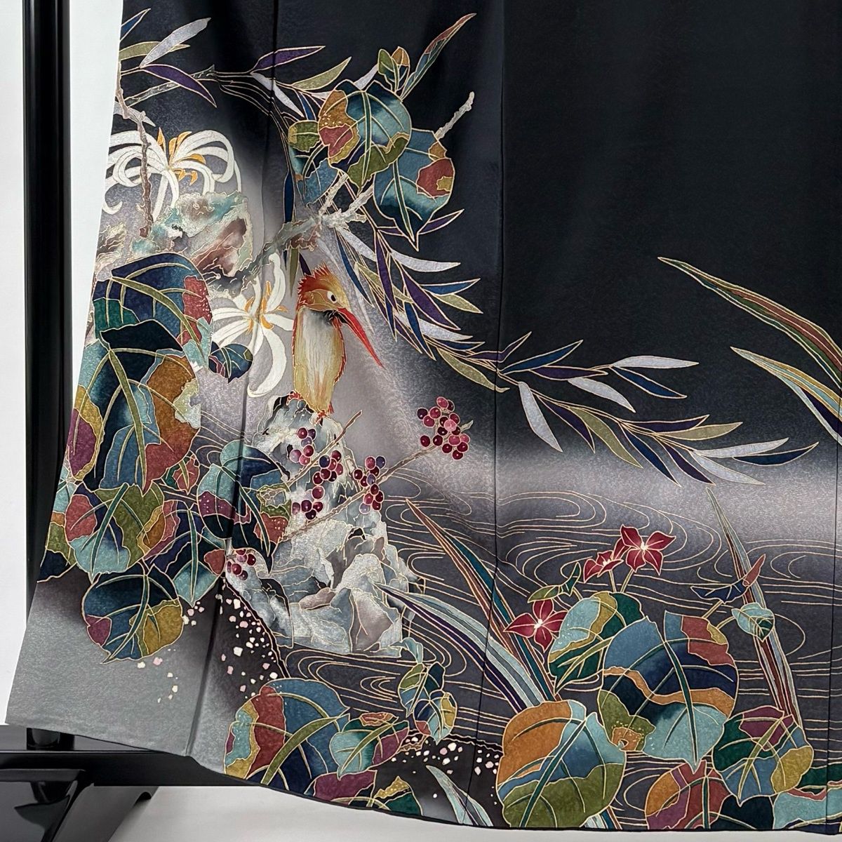 美品】 付下げ 身丈161cm 裄丈67cm M 袷 草野一騎 落款 鳥 葉と実 金彩