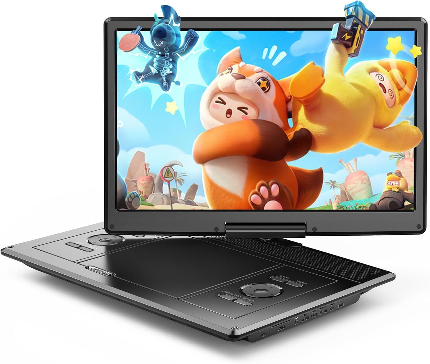 ポータブルDVDプレーヤー 14.1インチ液晶 デュアルアンプ内蔵 4〜6時間再生 リージョンフリー USB/SDカードに対応 AV入出力 TV同期可能 ラストメモリー機能