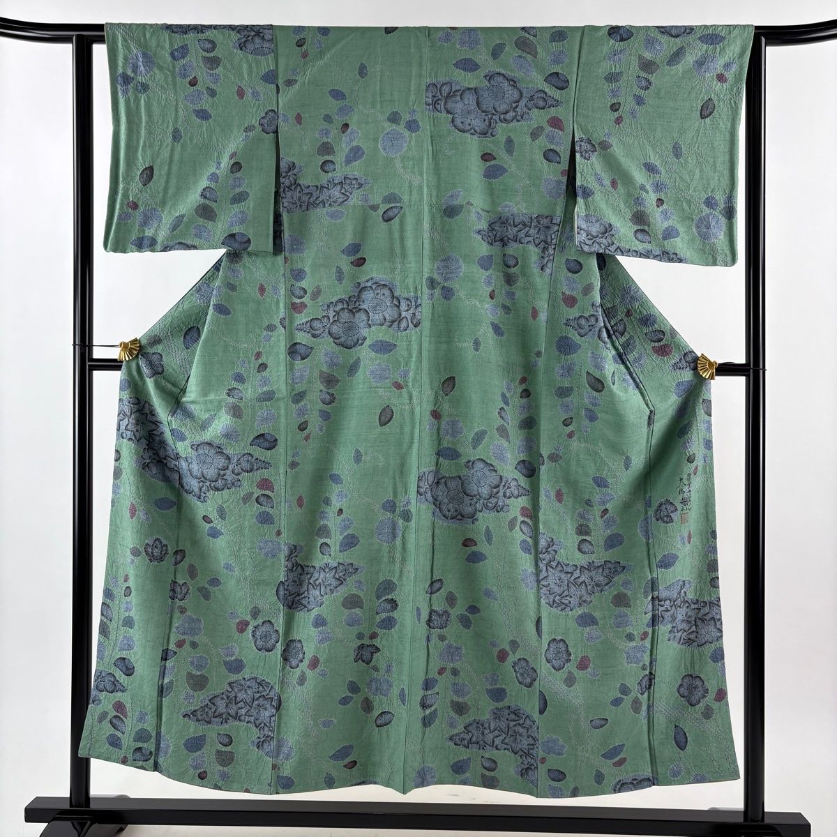美品】 小紋 身丈153cm 裄丈63cm S 袷 大脇一心 紬地 落款 辻が花 薄緑