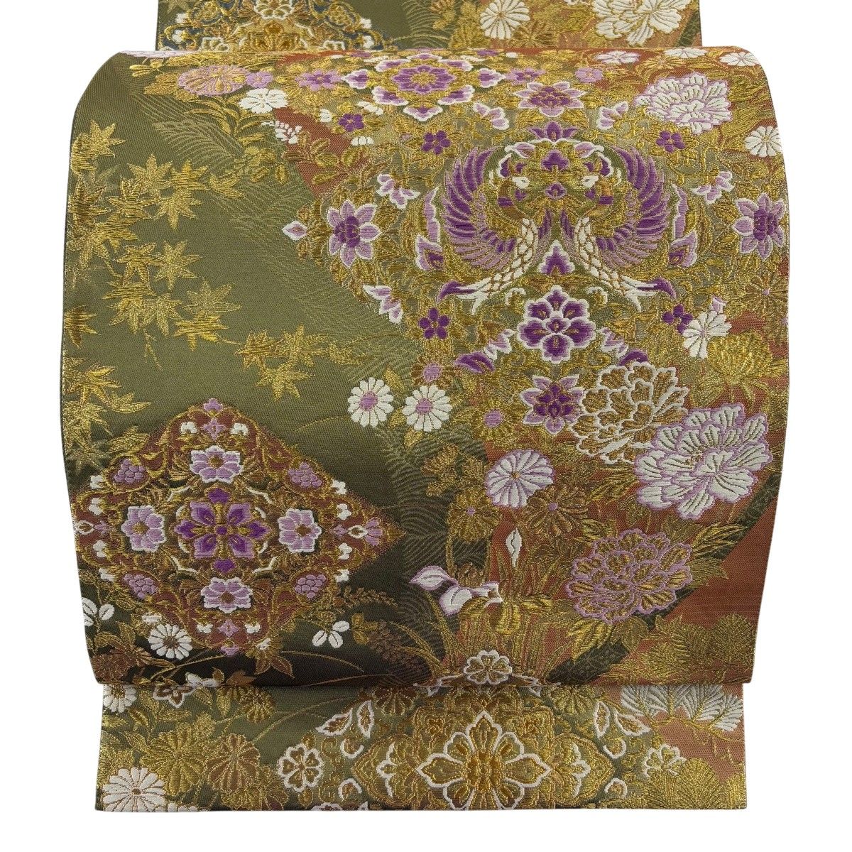 美品】 袋帯 名品 じゅらく 落款 じゅらく帝王紫 鳳凰 草花 金糸 箔 鶯