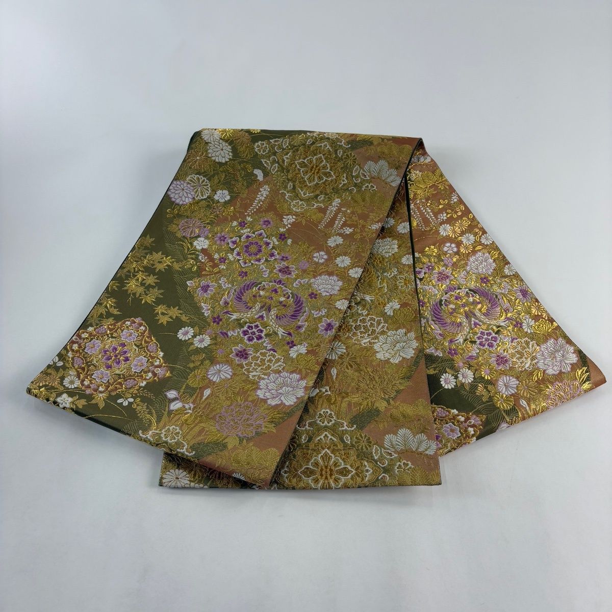 美品】 袋帯 名品 じゅらく 落款 じゅらく帝王紫 鳳凰 草花 金糸 箔 鶯