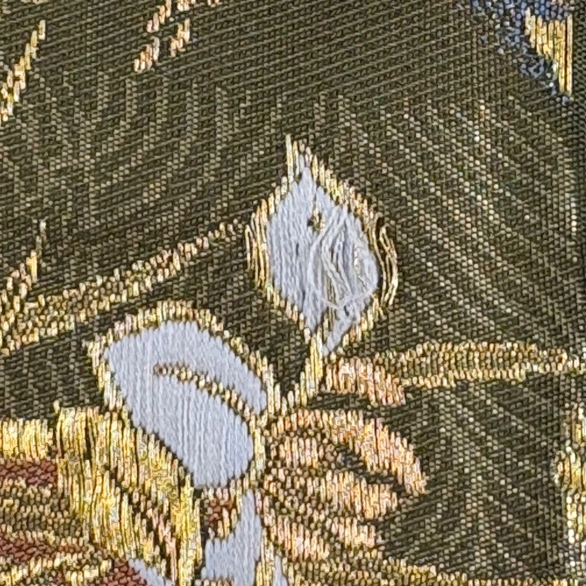 美品】 袋帯 名品 じゅらく 落款 じゅらく帝王紫 鳳凰 草花 金糸 箔 鶯