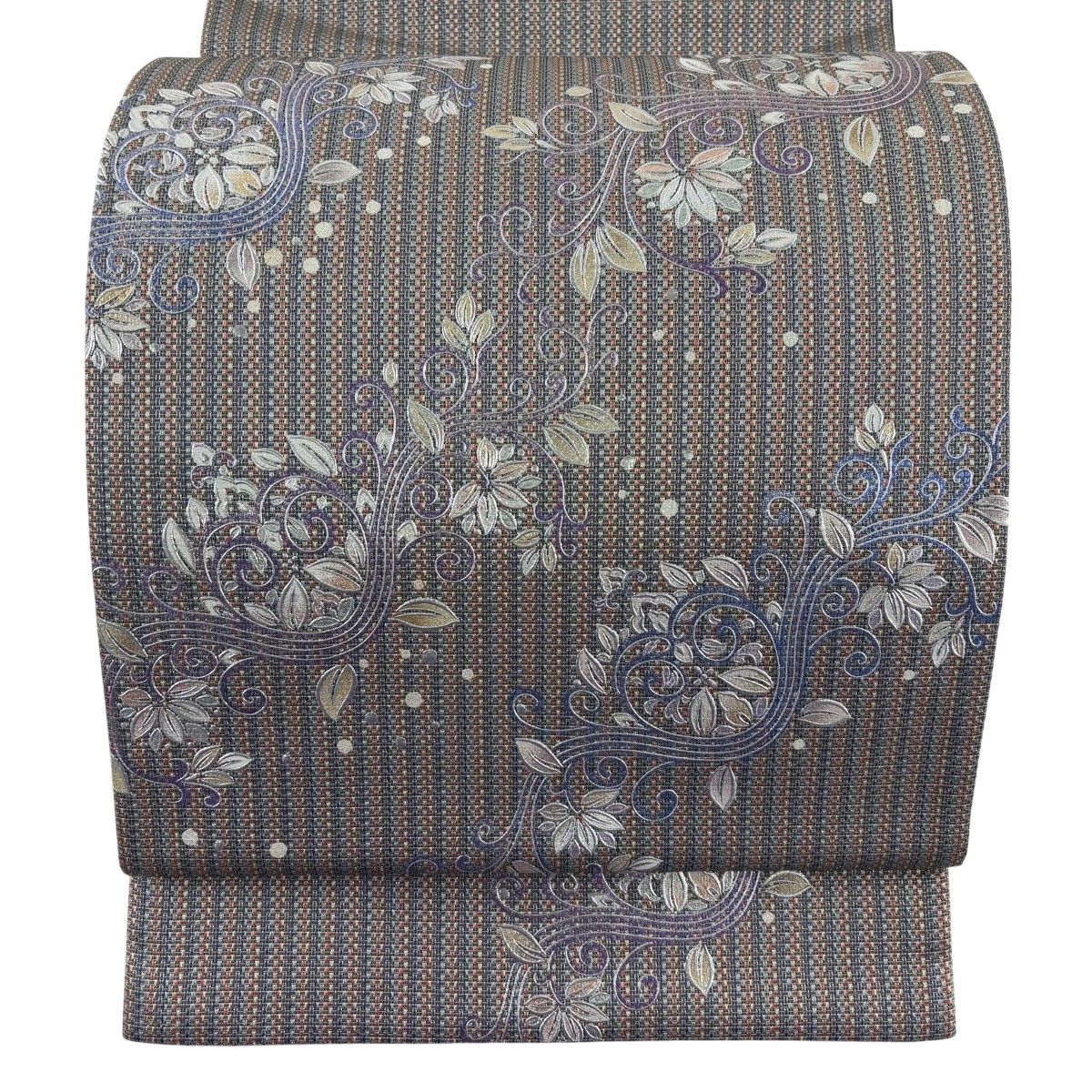 美品】 袋帯 名品 花唐草 縞模様 銀糸 銀彩 灰紫 お太鼓柄 正絹 【中古